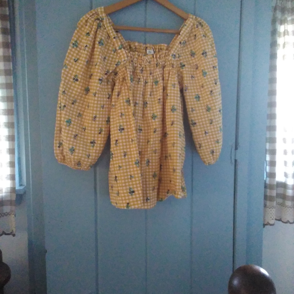 Yellow Gingham Floral Off-Shoulder Puff Sleeve Top